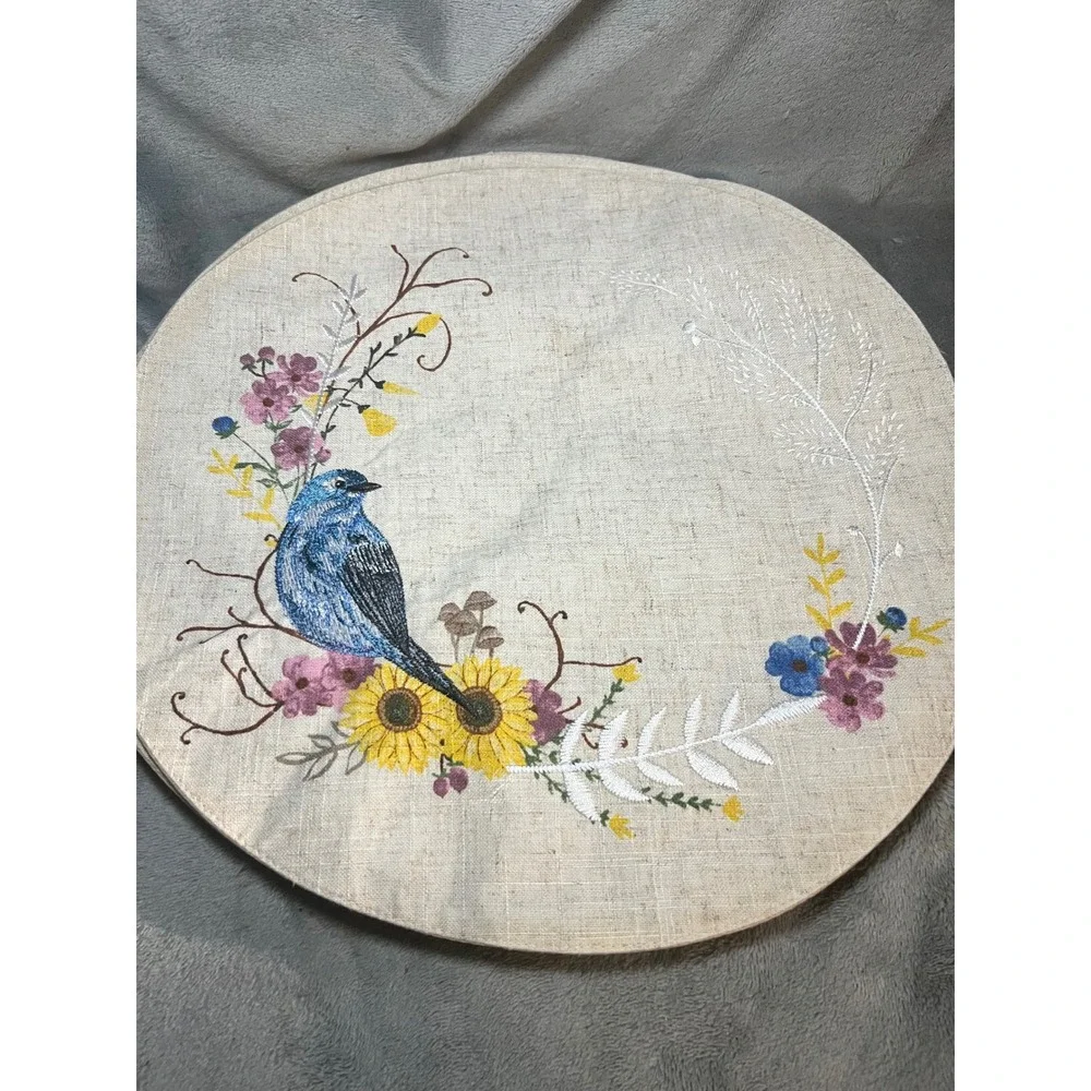 Embroidered Blue Bird Floral Round Placemats Set of 8 Cottagecore 15